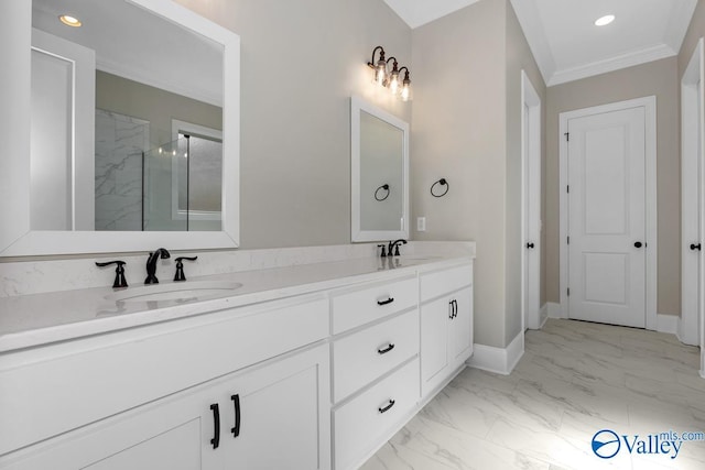 bathroom featuring ornamental molding, vanity, and a shower with door