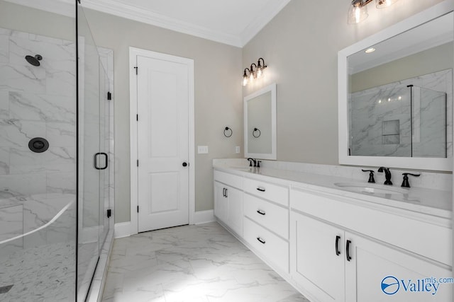 bathroom featuring walk in shower, ornamental molding, and vanity