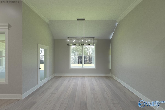 unfurnished dining area with crown molding, light wood-type flooring, lofted ceiling, and baseboards