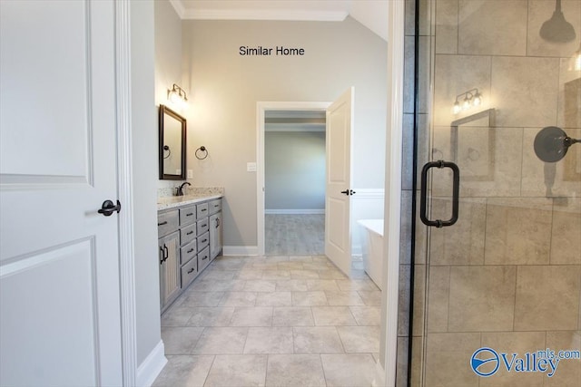 full bathroom featuring double vanity, a bath, ornamental molding, a shower stall, and a sink