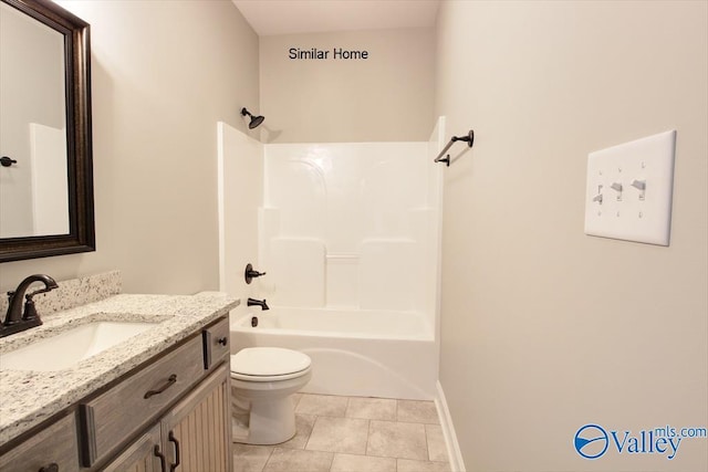 full bath with toilet, vanity, baseboards, bathing tub / shower combination, and tile patterned floors