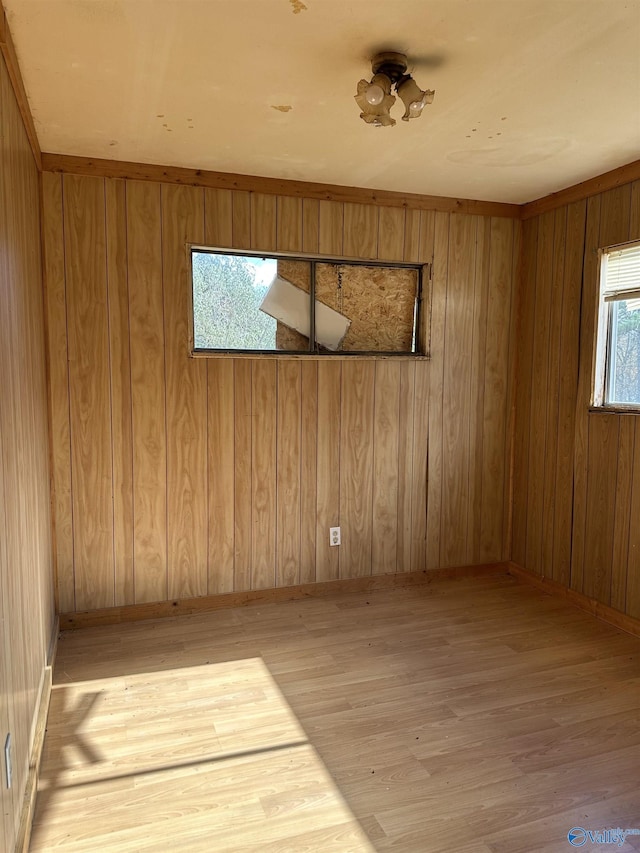 spare room with light wood-type flooring, a wealth of natural light, and wooden walls