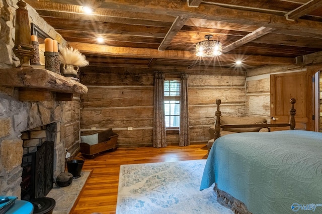 bedroom featuring wooden ceiling, beam ceiling, and hardwood / wood-style floors