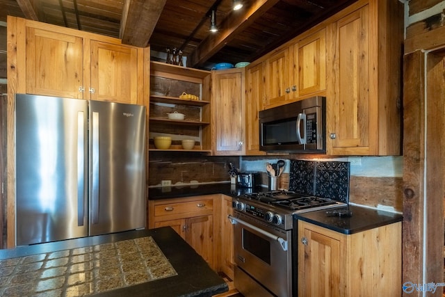 kitchen with wood ceiling, beamed ceiling, rail lighting, decorative backsplash, and stainless steel appliances