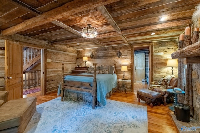 bedroom featuring wood-type flooring, wood ceiling, and beamed ceiling