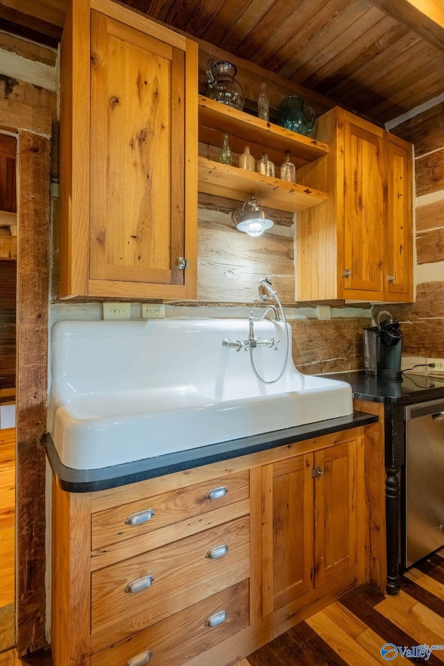 kitchen with stainless steel dishwasher, wood ceiling, wood walls, and hardwood / wood-style floors