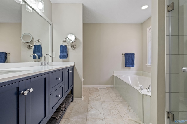 bathroom with vanity and plus walk in shower