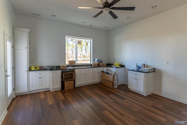 kitchen featuring ceiling fan, white cabinets, dark hardwood / wood-style flooring, and kitchen peninsula