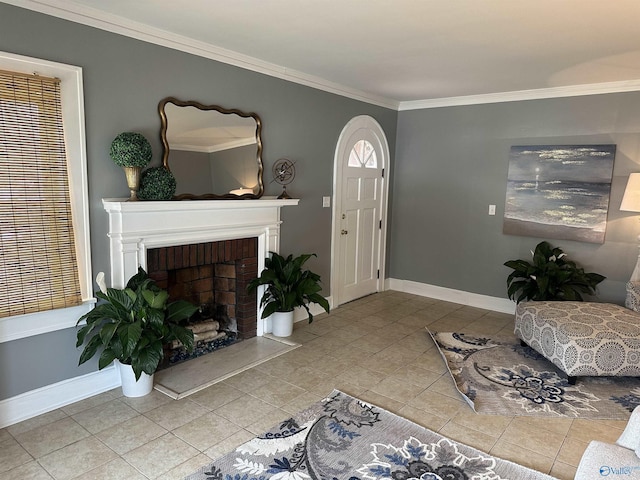 living area with crown molding, baseboards, and light tile patterned floors