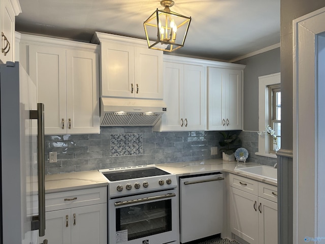 kitchen featuring stainless steel stove, white cabinets, dishwasher, and exhaust hood