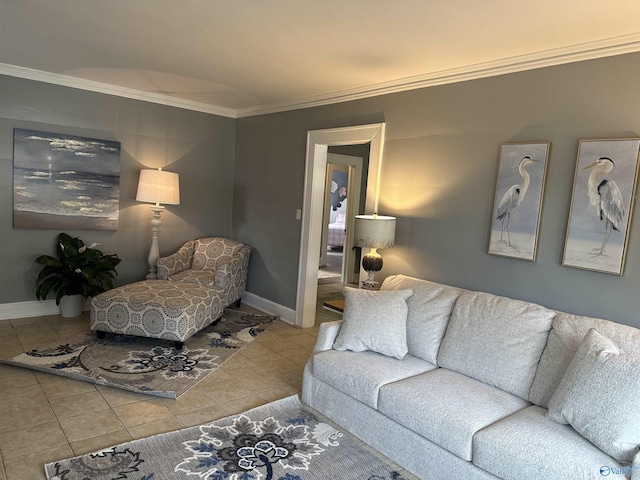 living area with light tile patterned floors, baseboards, and crown molding