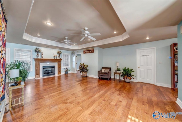 living room with light hardwood / wood-style floors, a raised ceiling, and ceiling fan