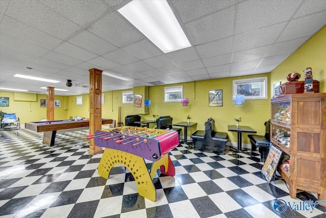 game room featuring billiards, a paneled ceiling, and a healthy amount of sunlight