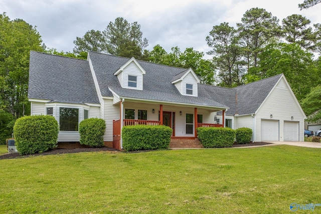 cape cod house with a porch, driveway, roof with shingles, a front lawn, and an attached garage