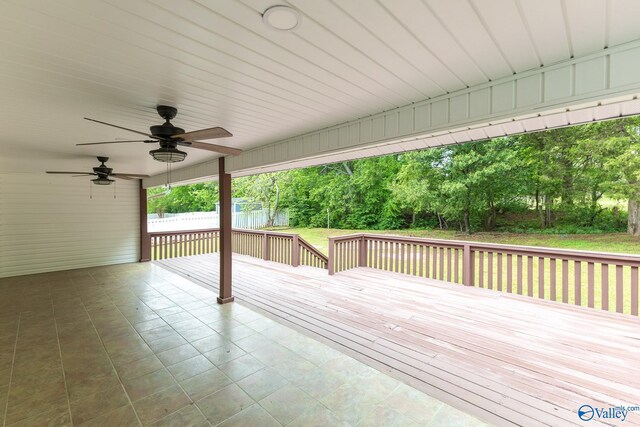 deck with a ceiling fan and fence