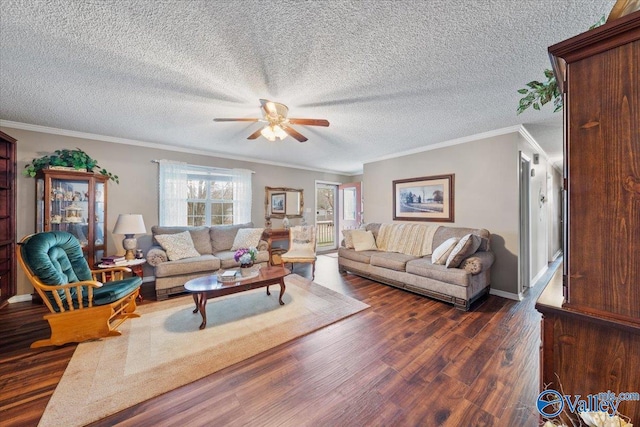 living room with ornamental molding, a textured ceiling, ceiling fan, and dark hardwood / wood-style flooring