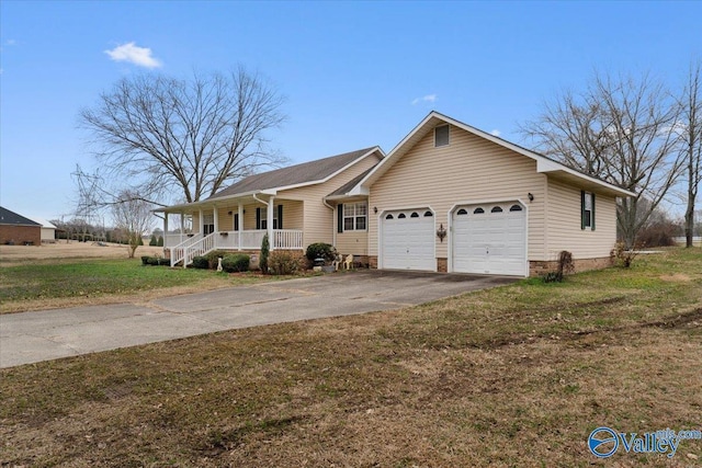 single story home featuring a garage, covered porch, and a front lawn