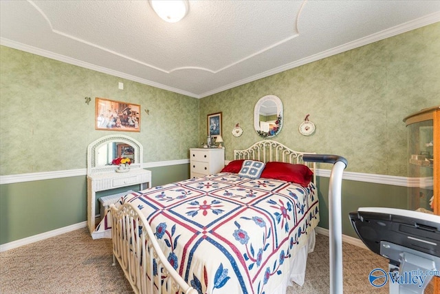 carpeted bedroom featuring crown molding and a textured ceiling