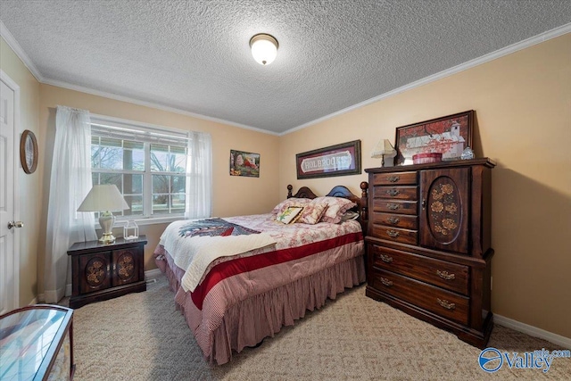 carpeted bedroom with crown molding and a textured ceiling