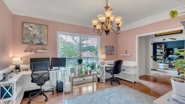 2317 Little Cove Rd, Owens Cross Roads, AL 35763 - office area featuring crown molding, a chandelier, wood finished floors, and wainscoting