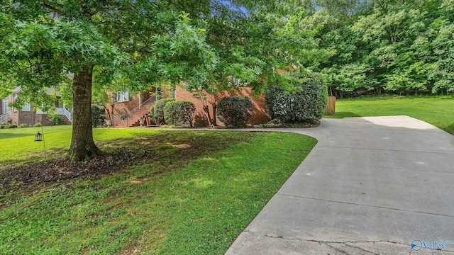 2317 Little Cove Rd, Owens Cross Roads, AL 35763 - view of property hidden behind natural elements with a front yard, stairway, driveway, and brick siding