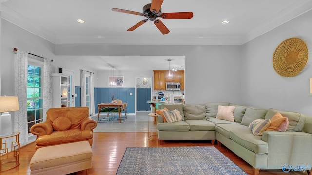 2317 Little Cove Rd, Owens Cross Roads, AL 35763 - living area with plenty of natural light, ceiling fan, ornamental molding, light wood-type flooring, and recessed lighting