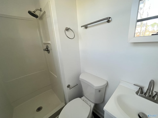 bathroom with toilet, a shower stall, and vanity