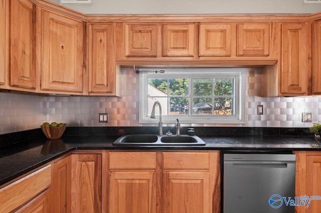 kitchen with dark stone countertops, dishwasher, sink, and tasteful backsplash