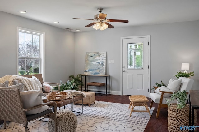 interior space featuring ceiling fan, recessed lighting, a healthy amount of sunlight, and light wood-style floors