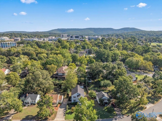 aerial view with a mountain view and a wooded view