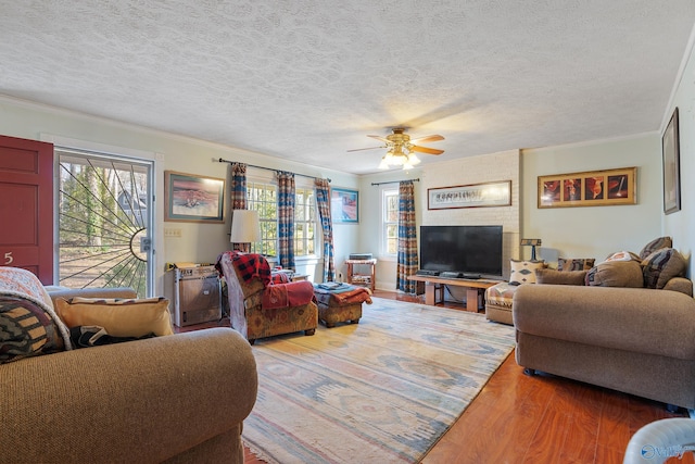 living area featuring a wealth of natural light, ceiling fan, a textured ceiling, and wood finished floors