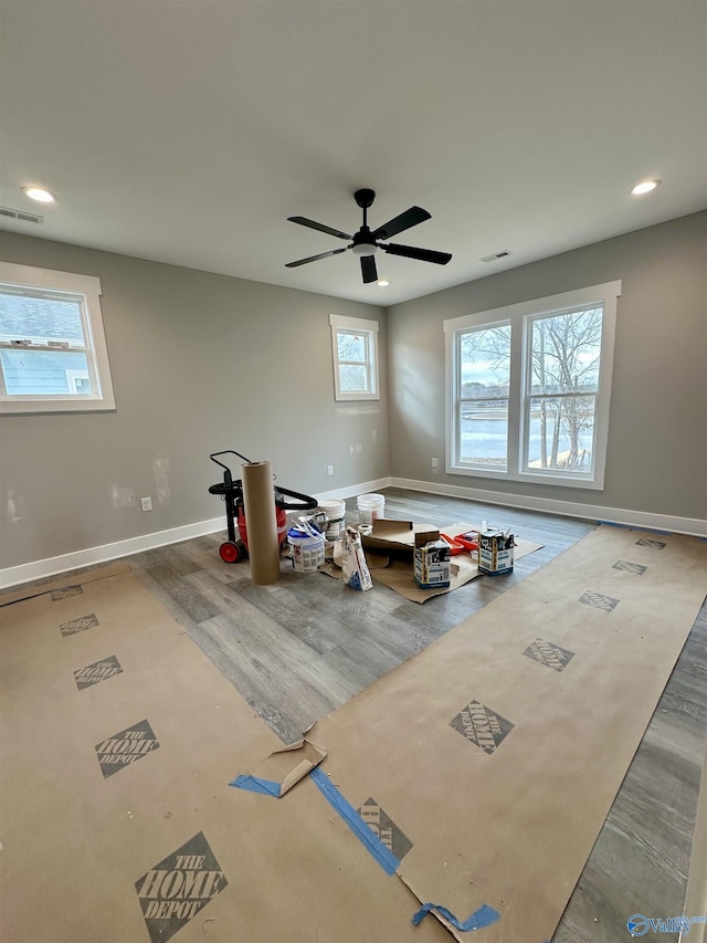 interior space featuring ceiling fan, a healthy amount of sunlight, and wood-type flooring