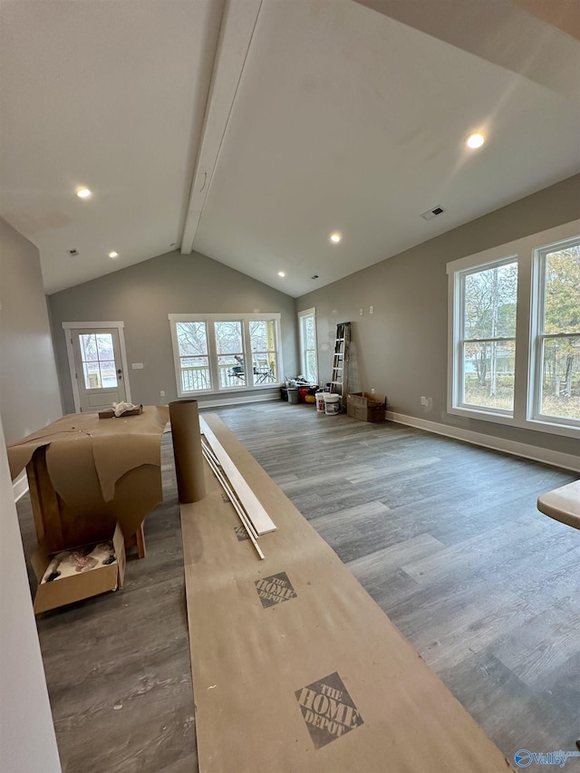 game room with vaulted ceiling with beams and wood-type flooring