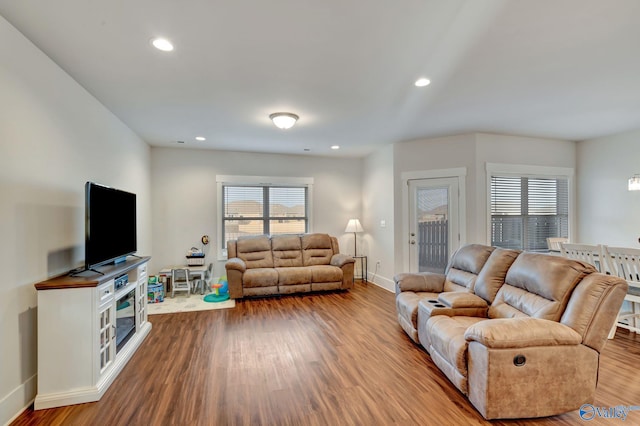 living area featuring baseboards, wood finished floors, and recessed lighting