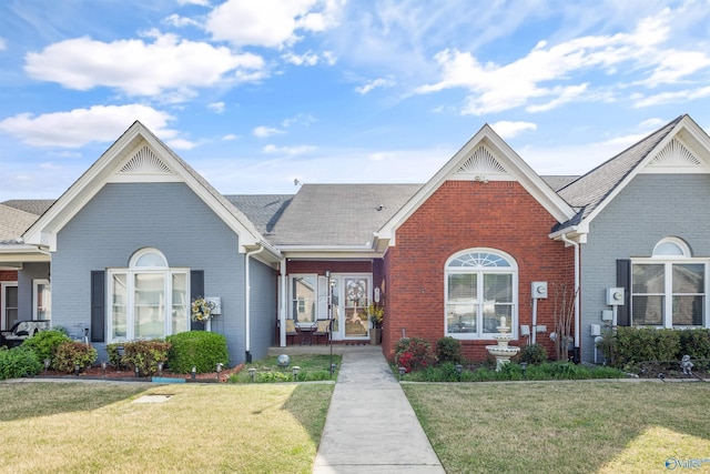 view of front of property featuring a front yard, a shingled roof, and brick siding