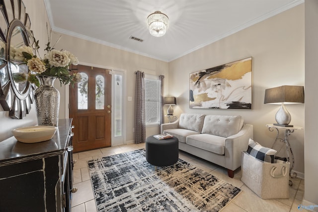 living area with light tile patterned flooring, a notable chandelier, crown molding, visible vents, and baseboards