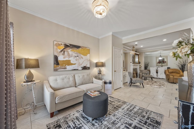 living room with crown molding, tile patterned floors, baseboards, recessed lighting, and a fireplace