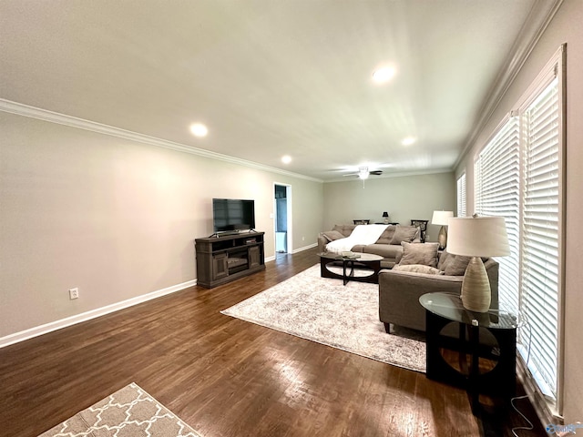 living room with crown molding and dark hardwood / wood-style flooring