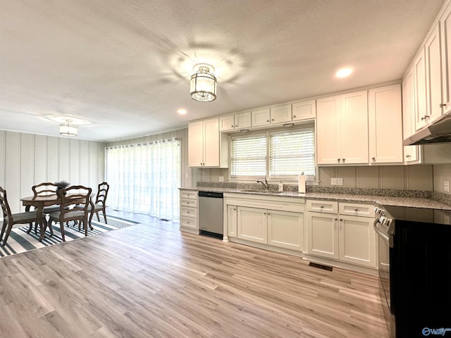 kitchen with white cabinetry, stainless steel dishwasher, a wealth of natural light, and range with electric cooktop