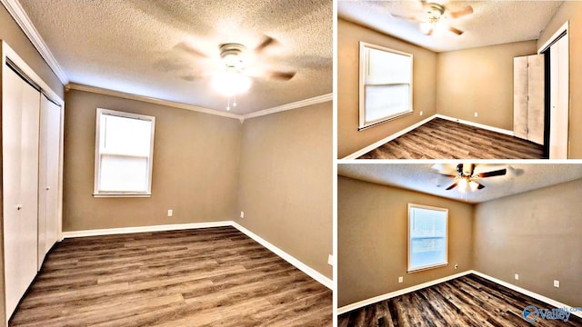 interior space with hardwood / wood-style flooring, a closet, crown molding, and a textured ceiling