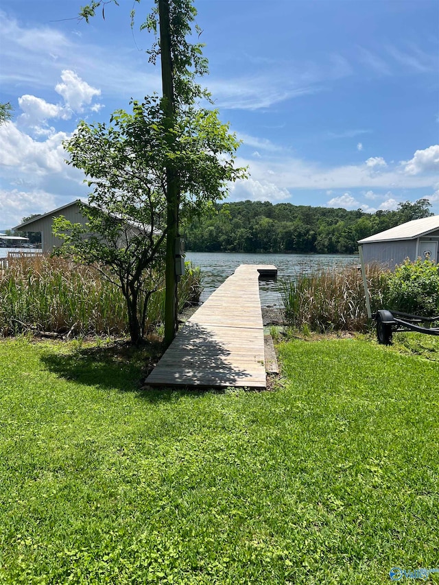 exterior space with a water view and a dock