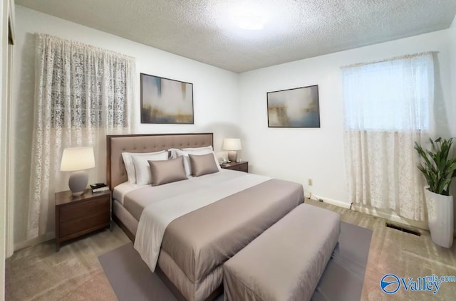 carpeted bedroom with a textured ceiling