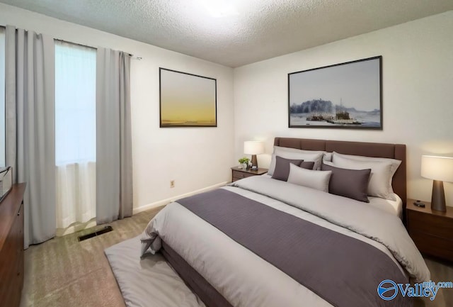 bedroom with multiple windows and a textured ceiling