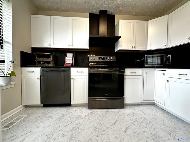 kitchen with dishwasher, white cabinets, wall chimney range hood, a textured ceiling, and stainless steel electric range