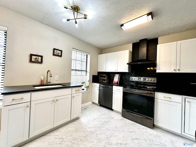 kitchen featuring electric stove, wall chimney exhaust hood, dark countertops, a sink, and dishwashing machine