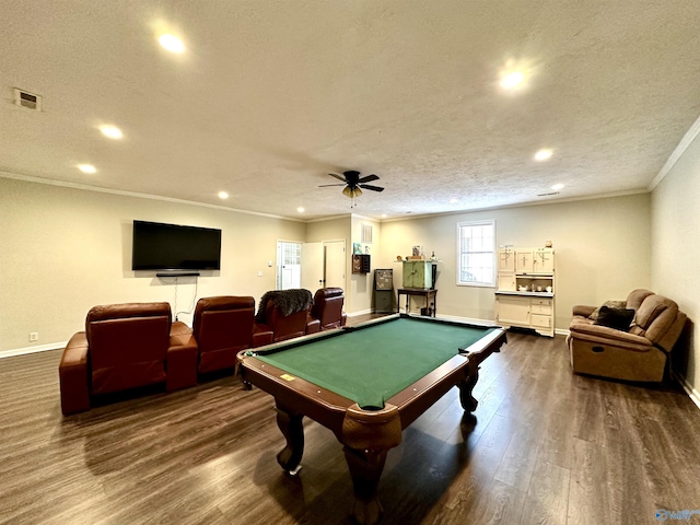 rec room featuring crown molding, ceiling fan, dark hardwood / wood-style floors, a textured ceiling, and pool table