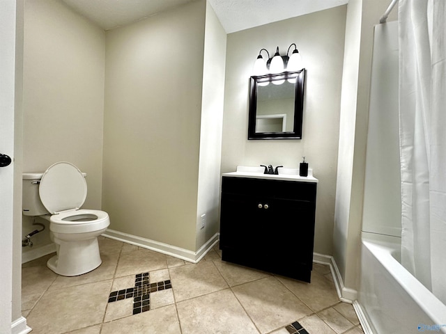 full bathroom with shower / bath combo, baseboards, toilet, tile patterned flooring, and vanity