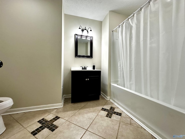 full bathroom featuring tile patterned flooring, vanity, shower / bath combo, and a textured ceiling