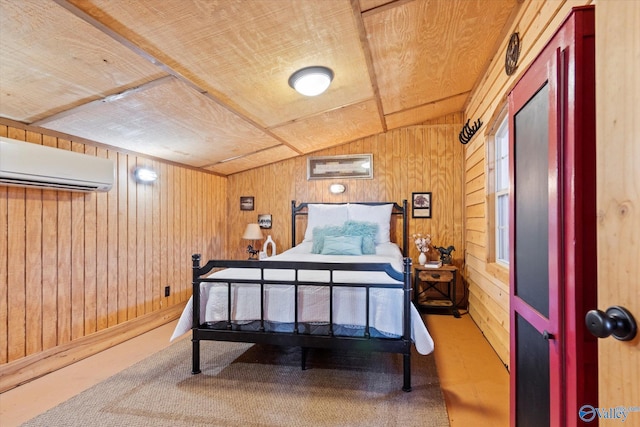 bedroom with an AC wall unit, wooden ceiling, lofted ceiling, and wood walls