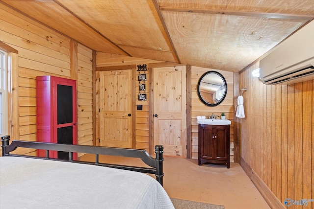 unfurnished bedroom featuring lofted ceiling, carpet, wooden ceiling, wood walls, and ensuite bath